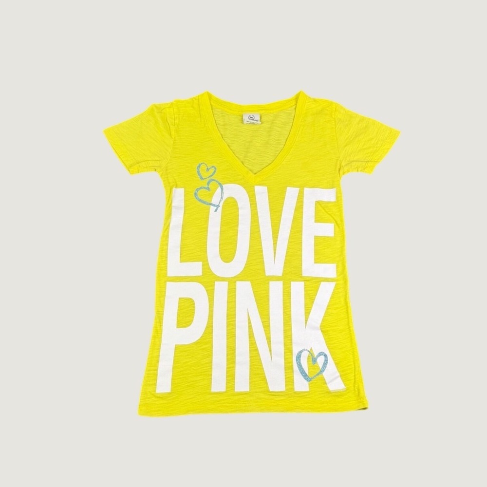 Victorias Secret PINK Neon Yellow Love Pink V-Neck Graphic Tee XS